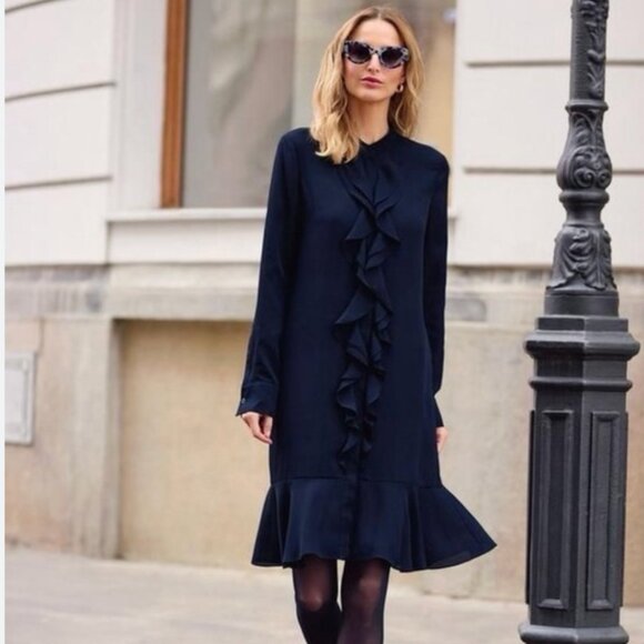 Tory Burch Womens Jane Shirt Dress Size 14 Navy Blue Ruffle Crepe de chine NWT - Picture 1 of 15